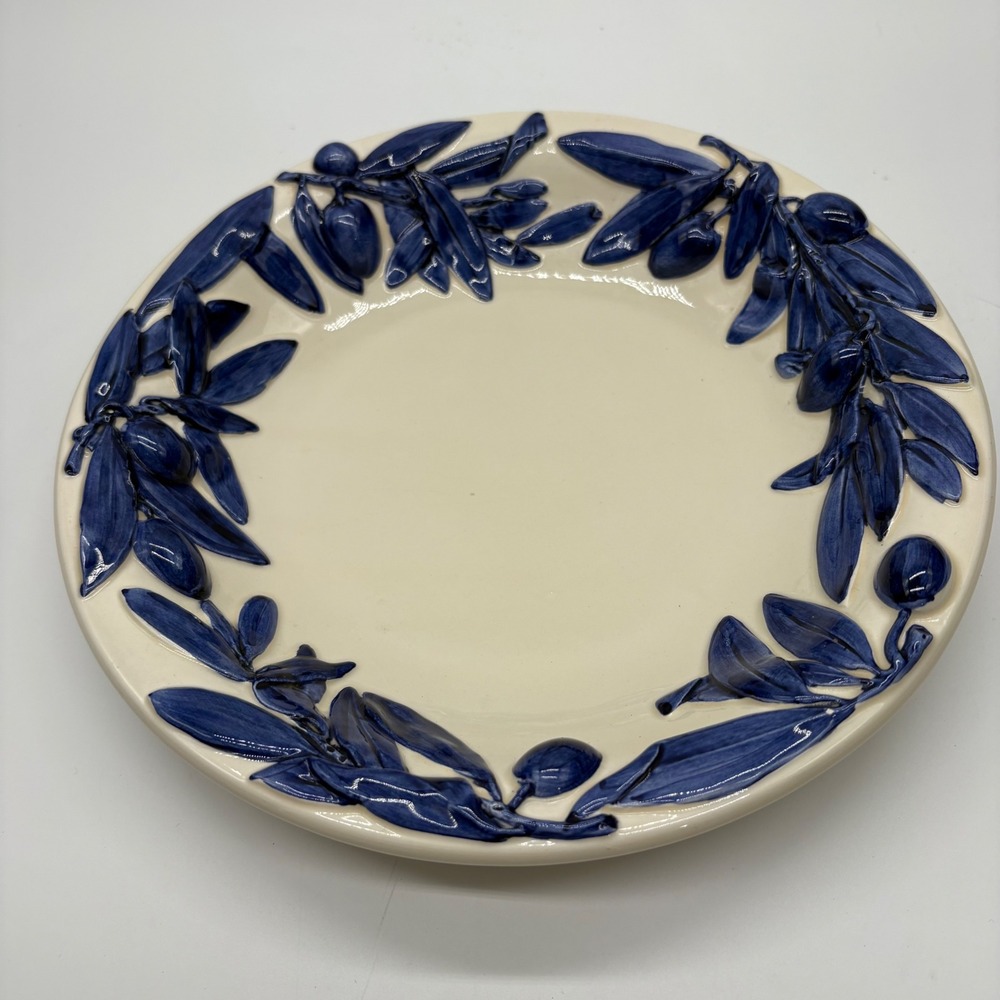 Mariposa Italy Ceramic Olive Branch Serving Soup Salad Bowl Cobalt Blue Cream 9"